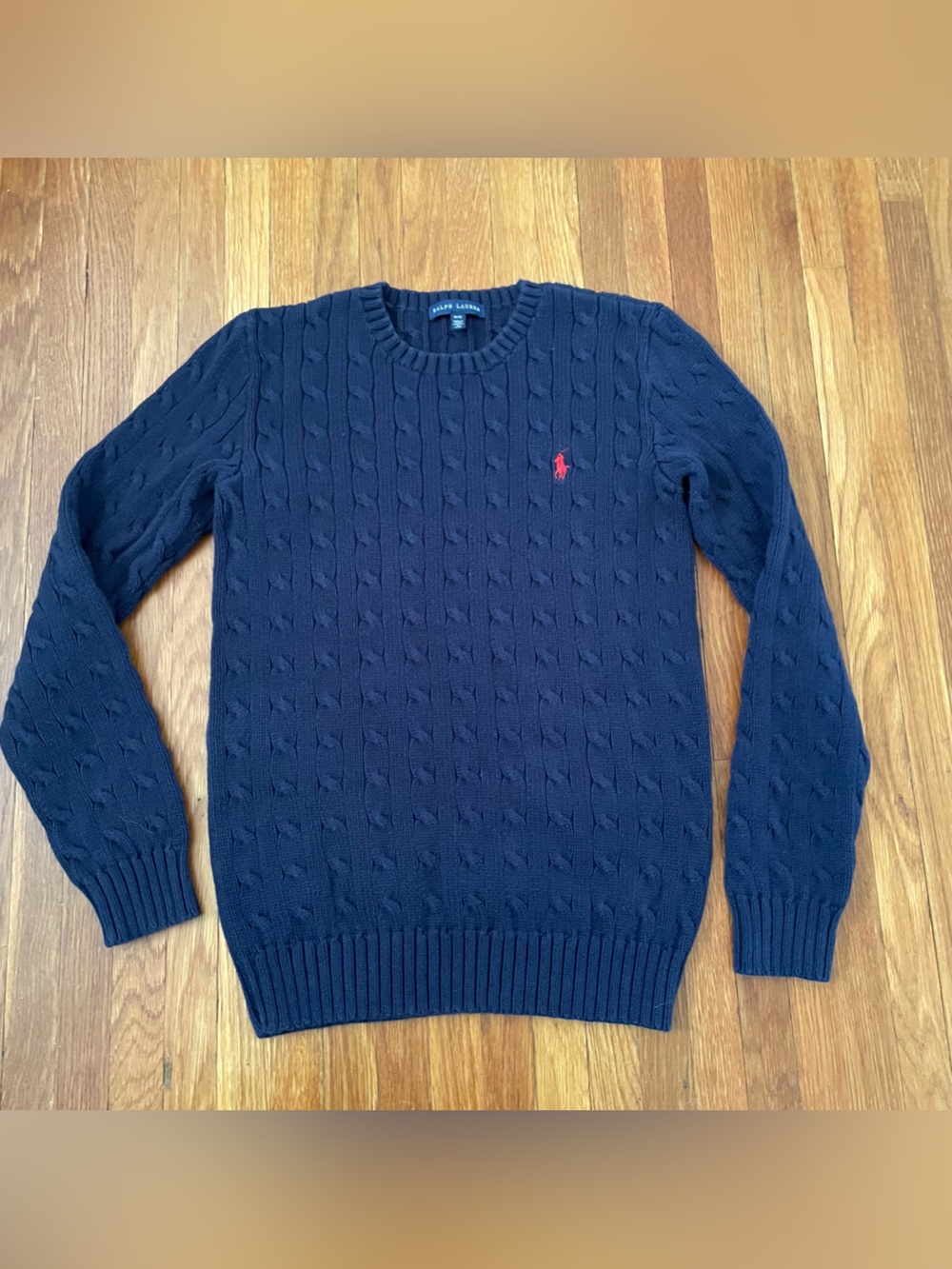 Ralph Lauren Navy Cable-Knit Crewneck Sweater with Red Pony Logo